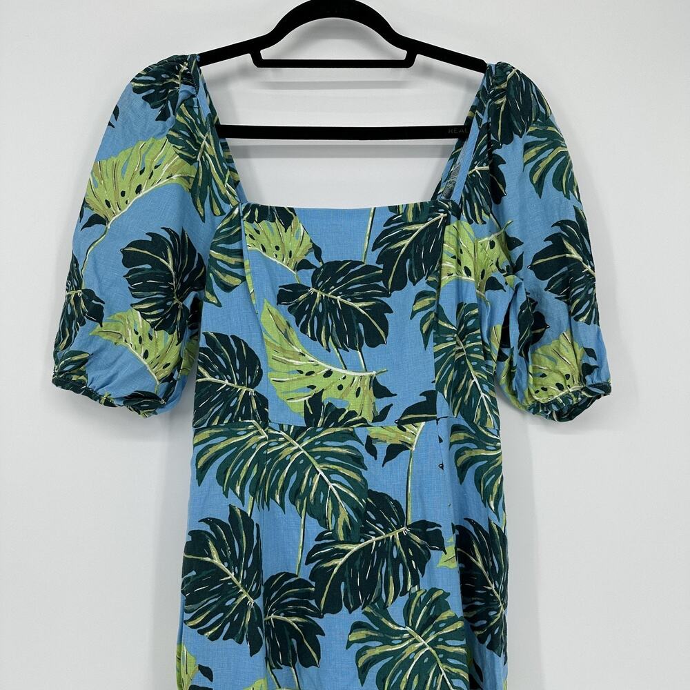 Draper James Dress Womens 4 Blue Green Leaf Linen Puff Sleeve Midi Fit Flare - Picture 2 of 10